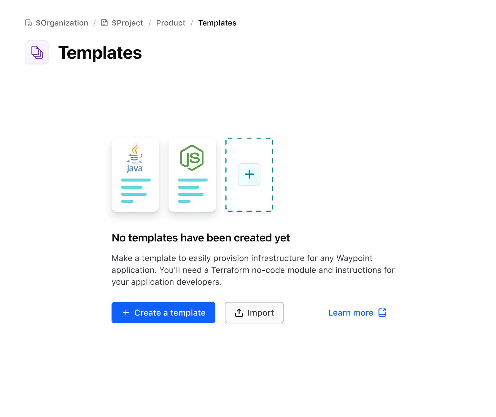 Showing an empty state with a primary button with a page header with out a primary button